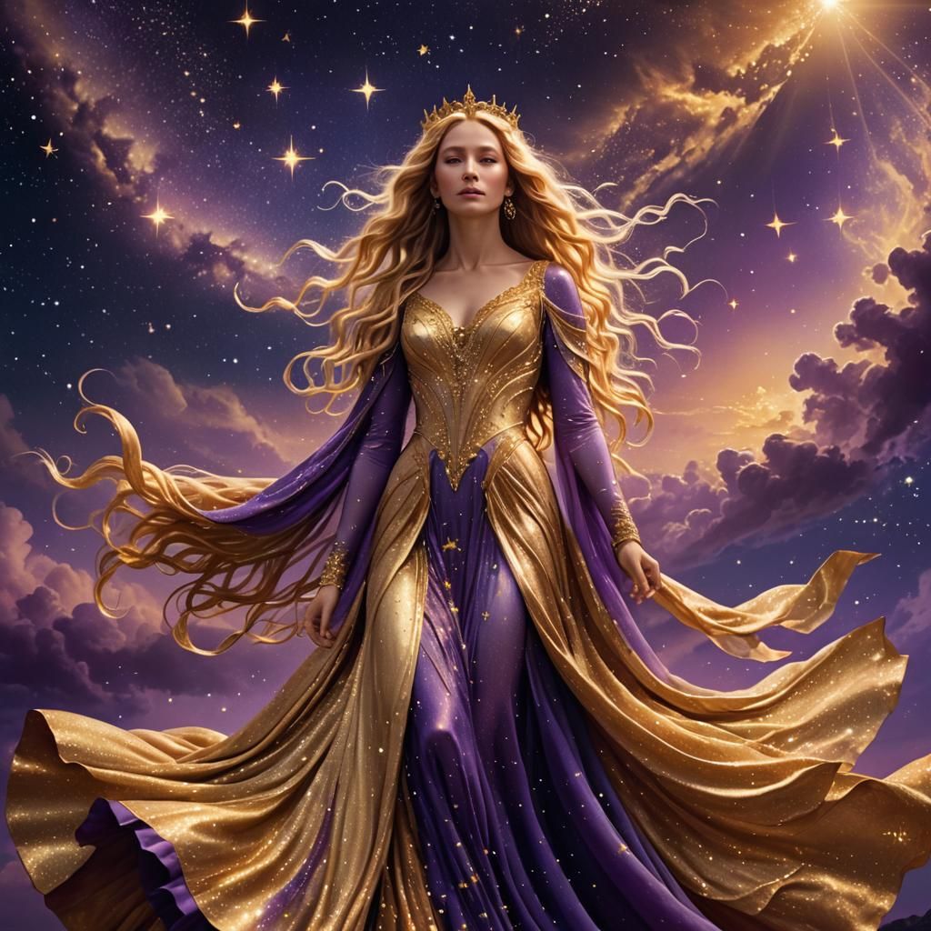 Goddess in Golden Dress Floating in Purple Sky