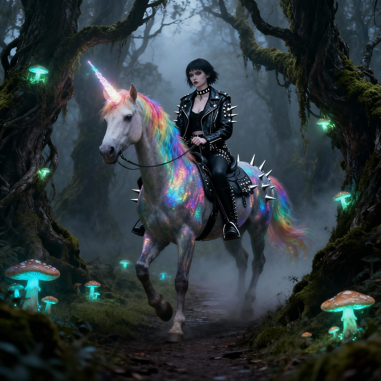Goth Babe Rides Rainbow Unicorn Through Magic Forest