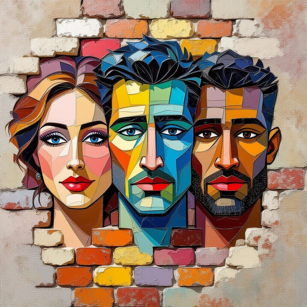 Surreal Brick Faces in Gouache Style