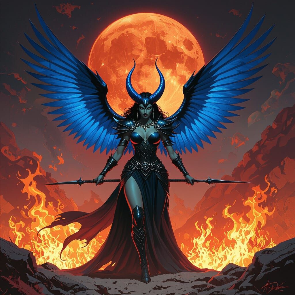 Demonic Cleo in Fiery Field: A Dark Fantasy Illustration
