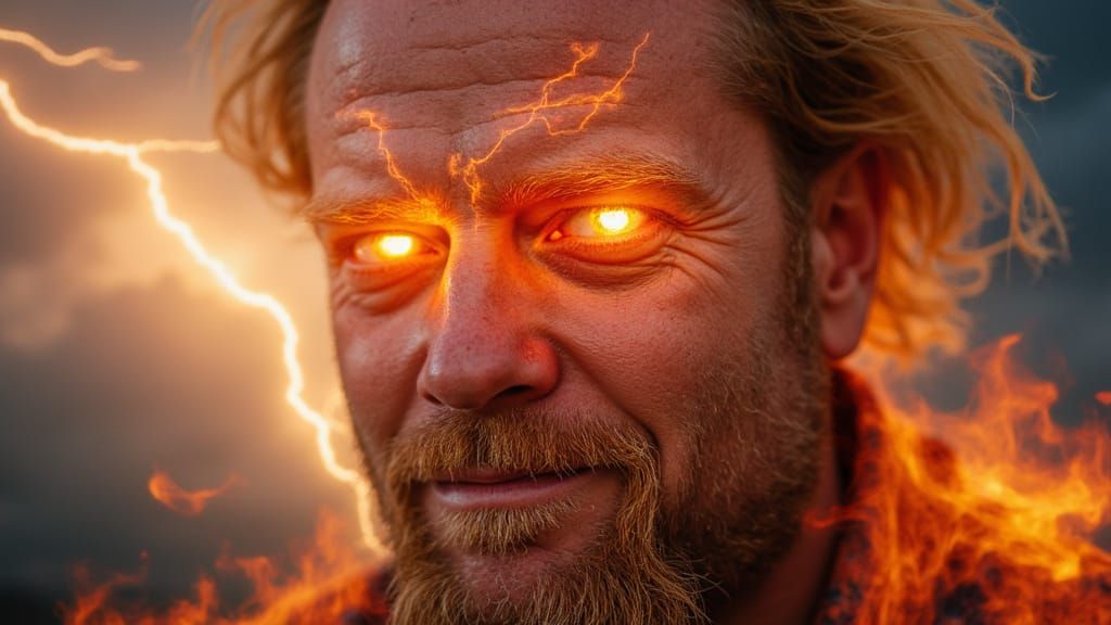 Fiery Man Portrait with Rainbow Lightning