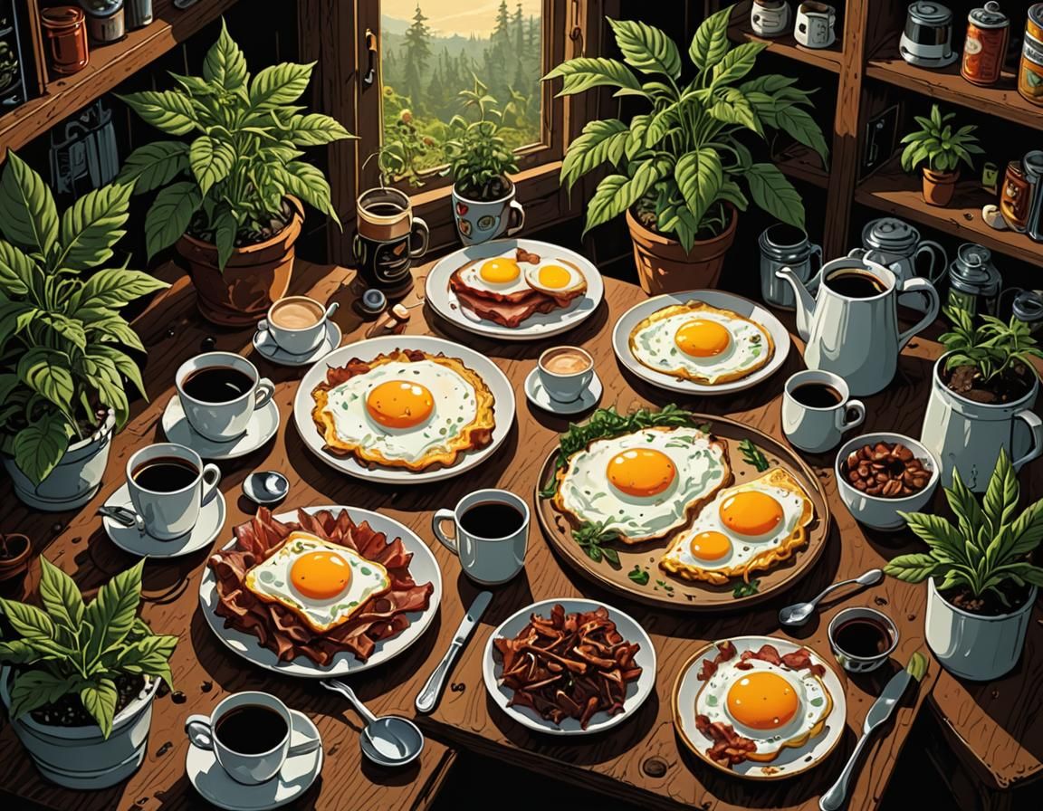 Surreal Breakfast with Marijuana Plants in Dark Fantasy Styl...