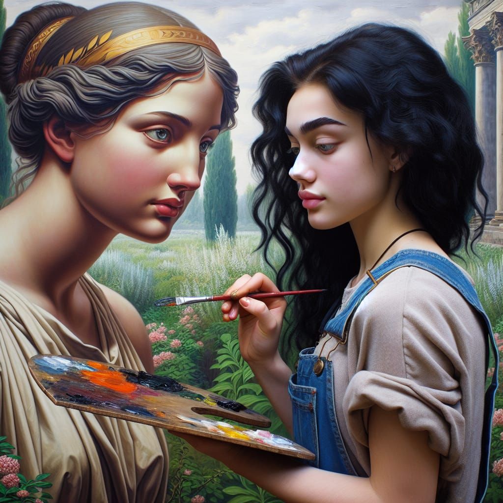 Girl Paints Greek Woman Portrait in Soviet Realism