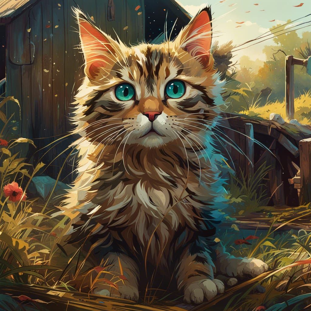 Cute Cat on Farm in Detailed Digital Art