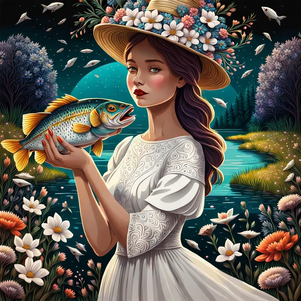 Girl with Fish: Folk Art on Riverbank