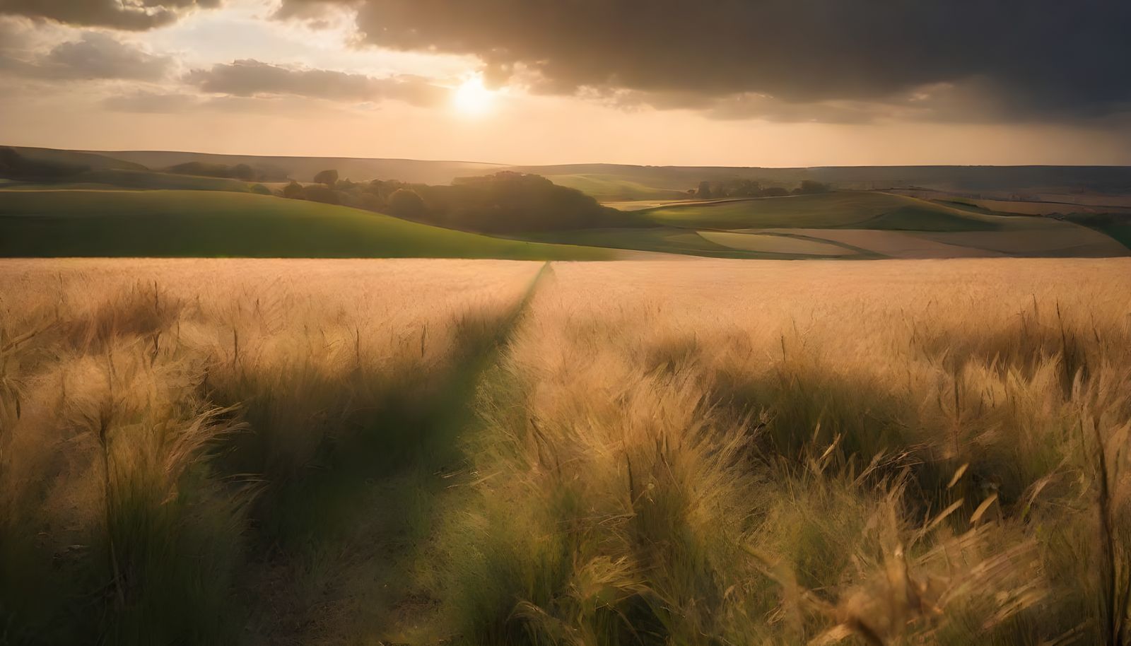 Golden Hour Fields Under Cloudy Sky