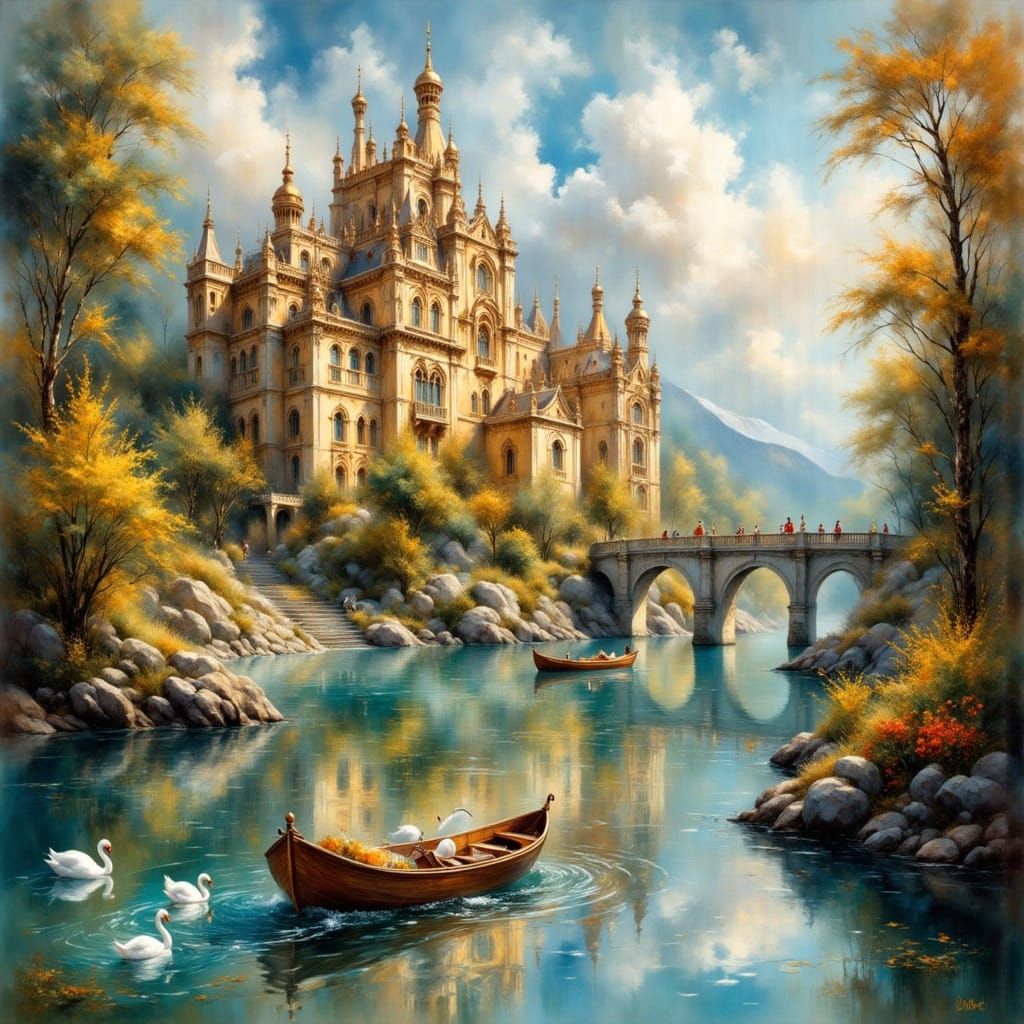 Golden Silver Dream Palace on Glass Lake