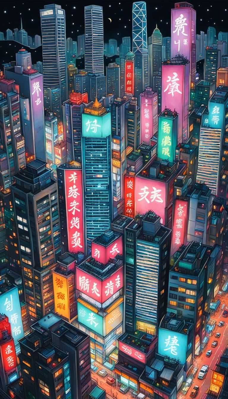 Hong Kong Neon Nightlife in Street Art Style