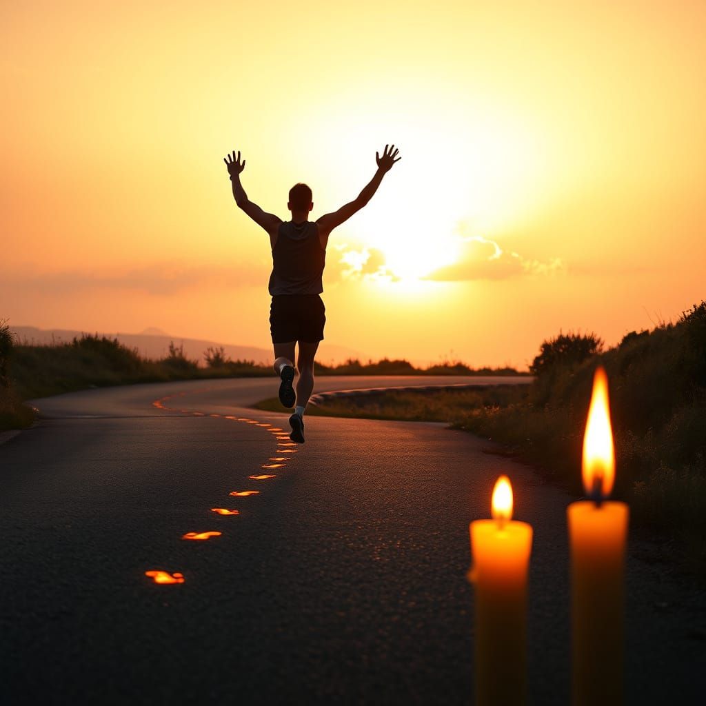 Triumphant Athlete Crosses Finish Line at Sunrise