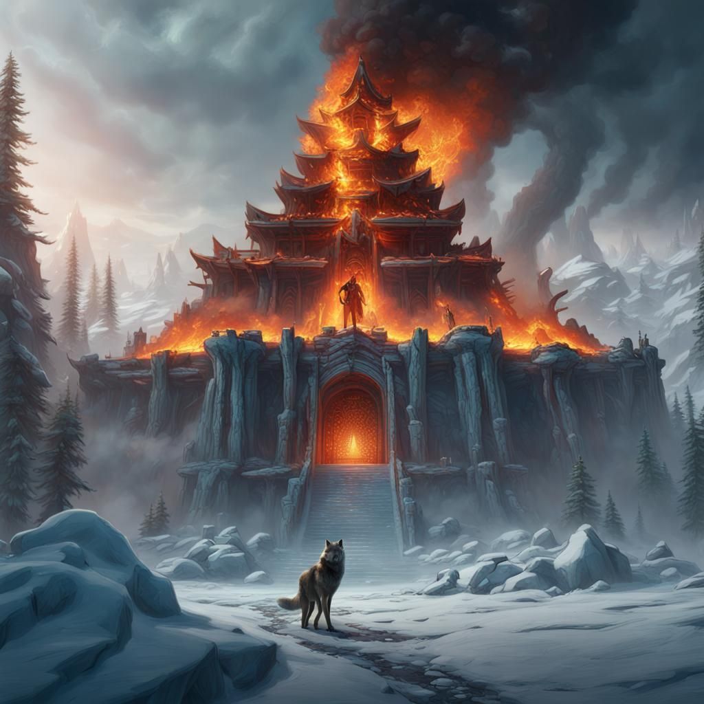 Wolf on Frozen Mountain with Burning Temple