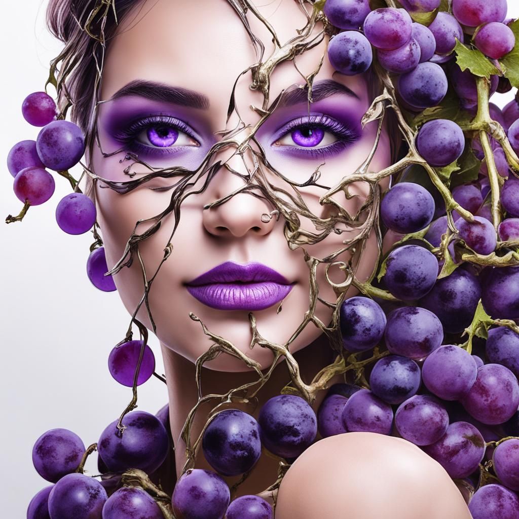 Woman's Face Veiled by Purple Grape Vine