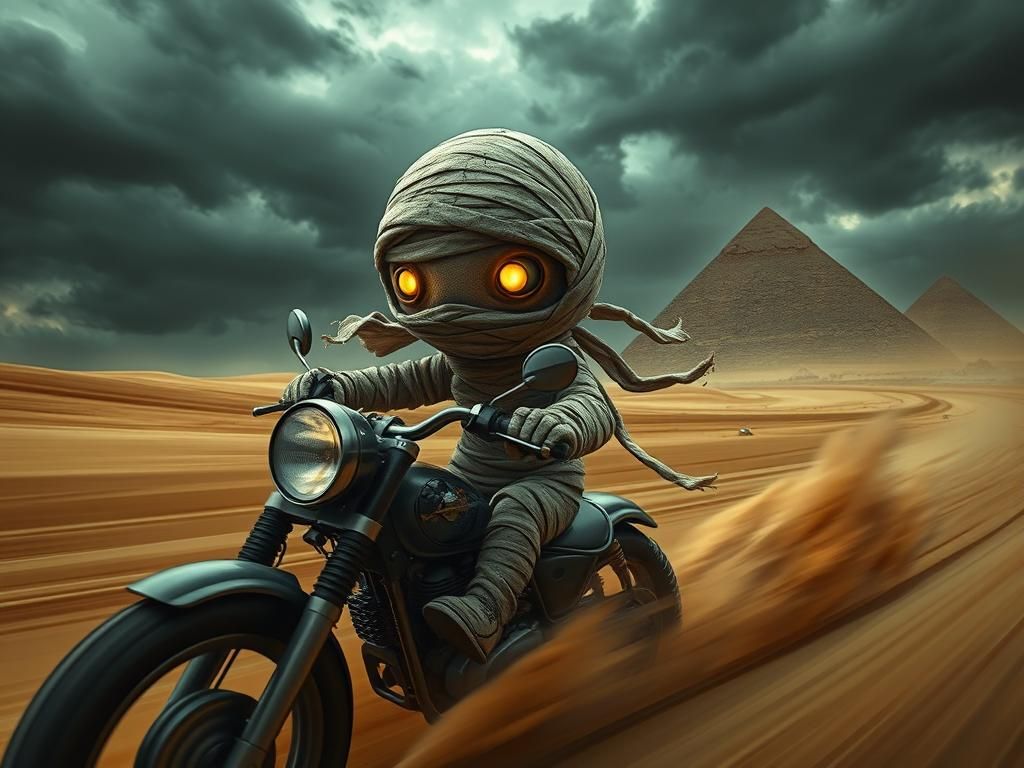 Chibi Mummy Rider in Desert, Gothic Puppetry Style