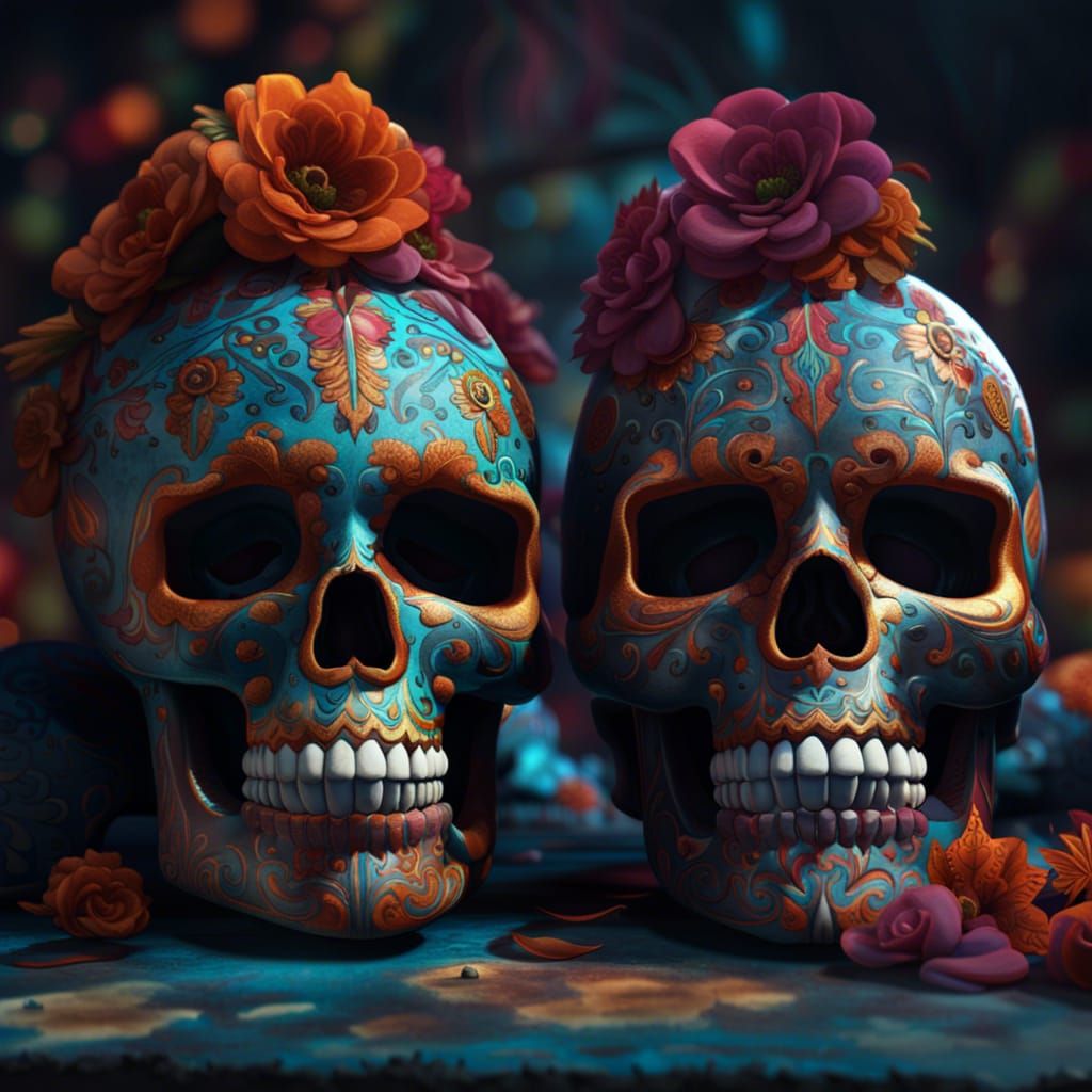 Dia de Los Muertos Skulls in Detailed Digital Painting