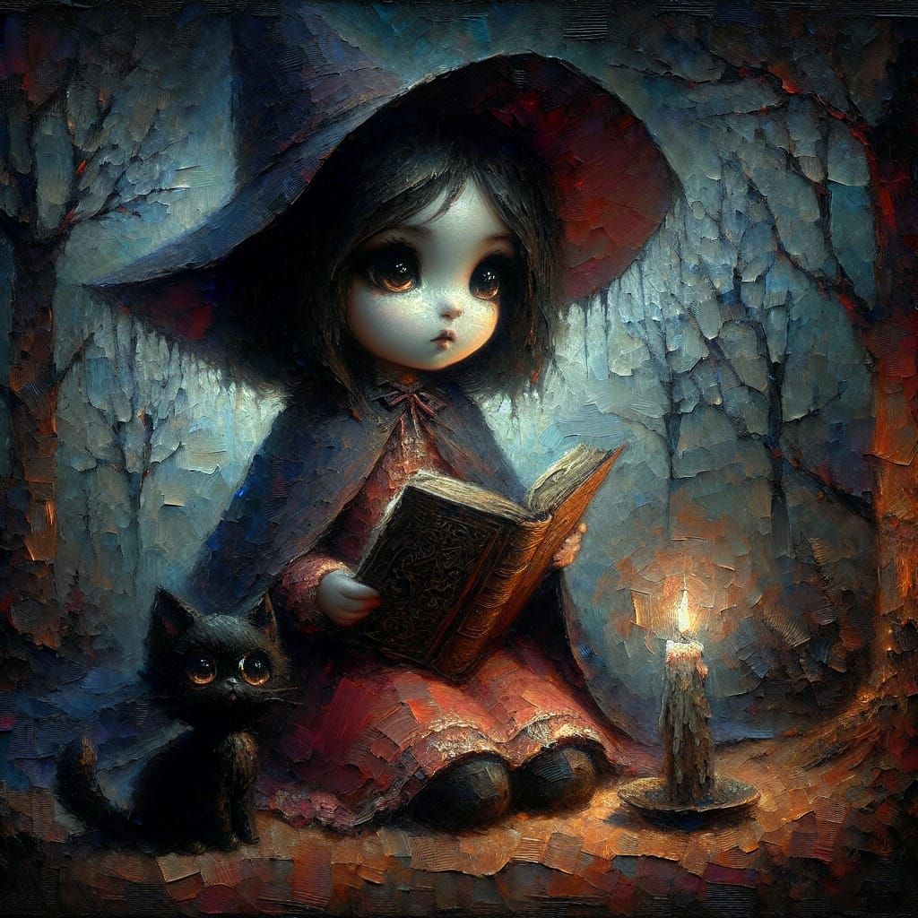 Mystical Chibi Witch Reading in Foggy Forest