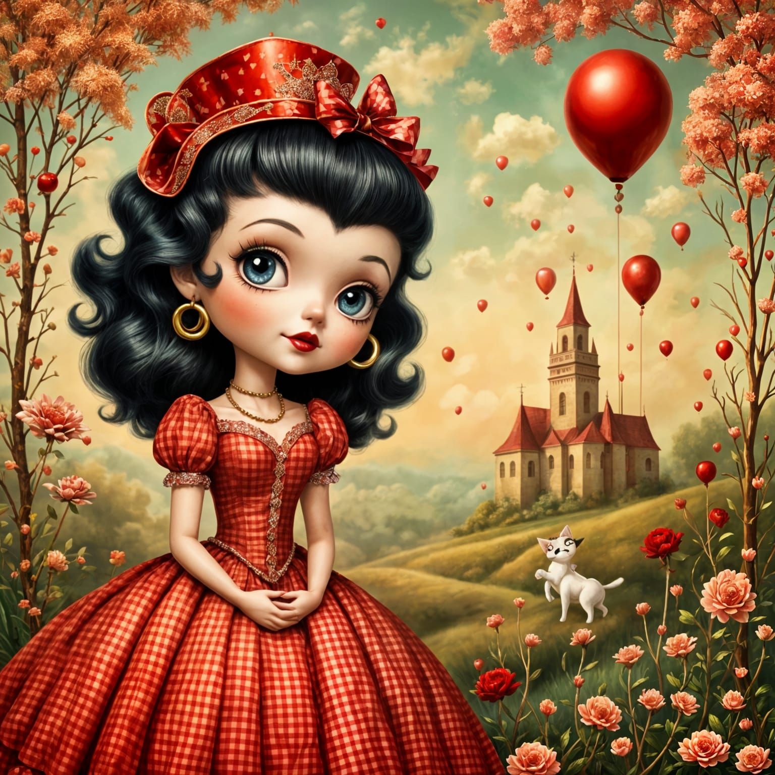 <lora:EtherealVisionsFlux:1.0><l  betty boop <lora:Cute Pop Surreal:1.0> dressed in red and white checkered gingham fabr...