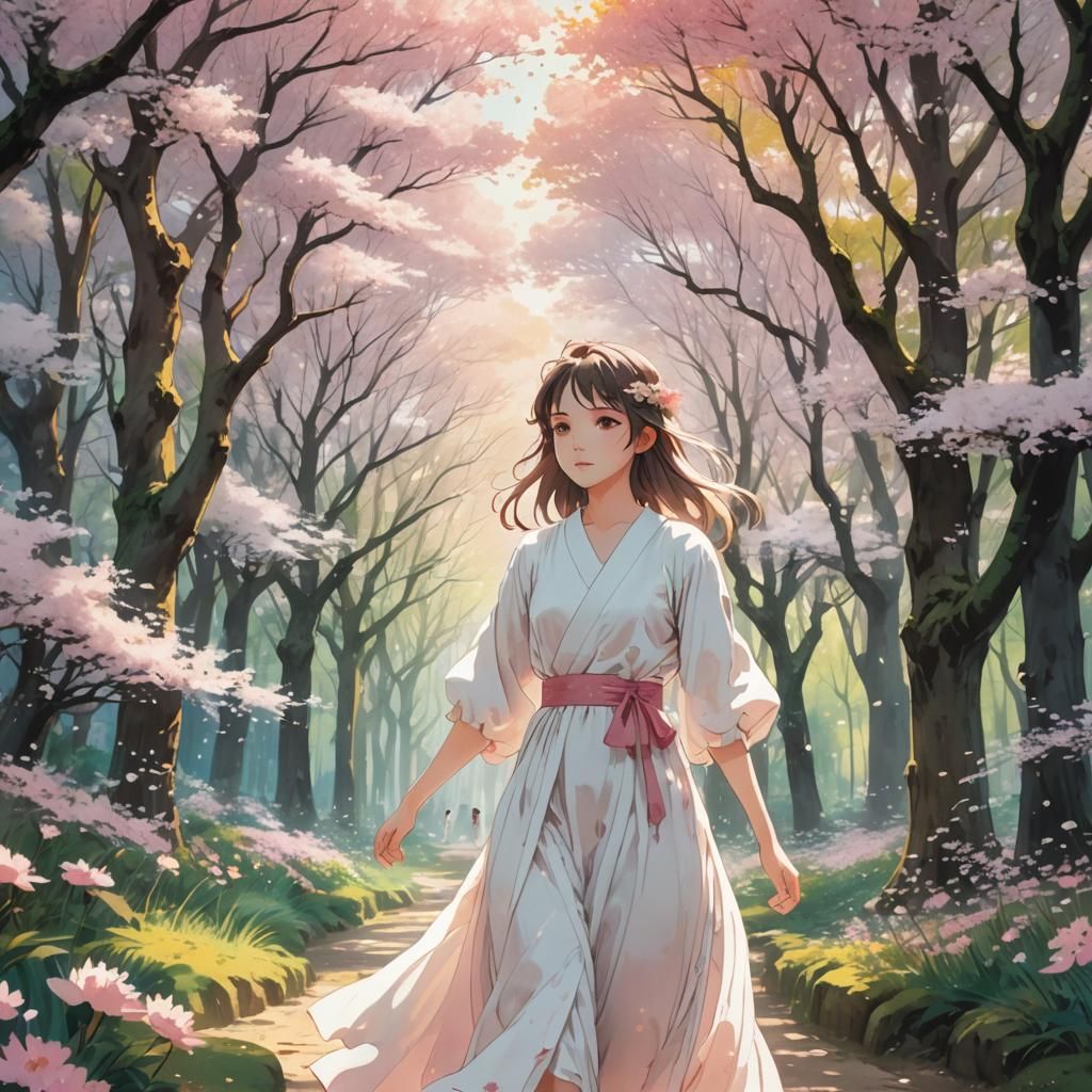 Anime Girl in Surreal Blossom Forest