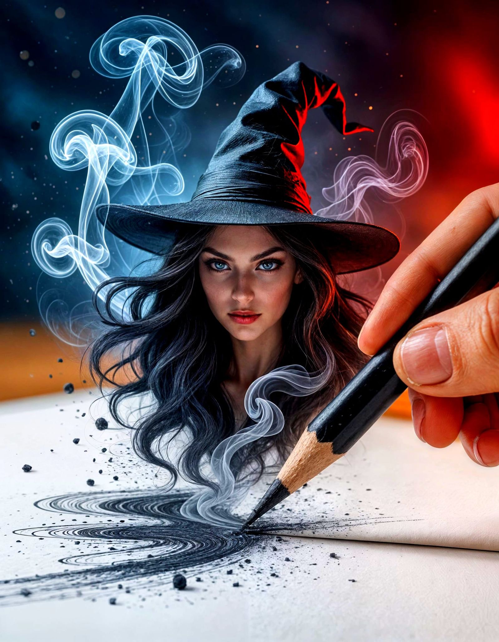 Cinematic Macro of Witch Drawing Emerging from Paper