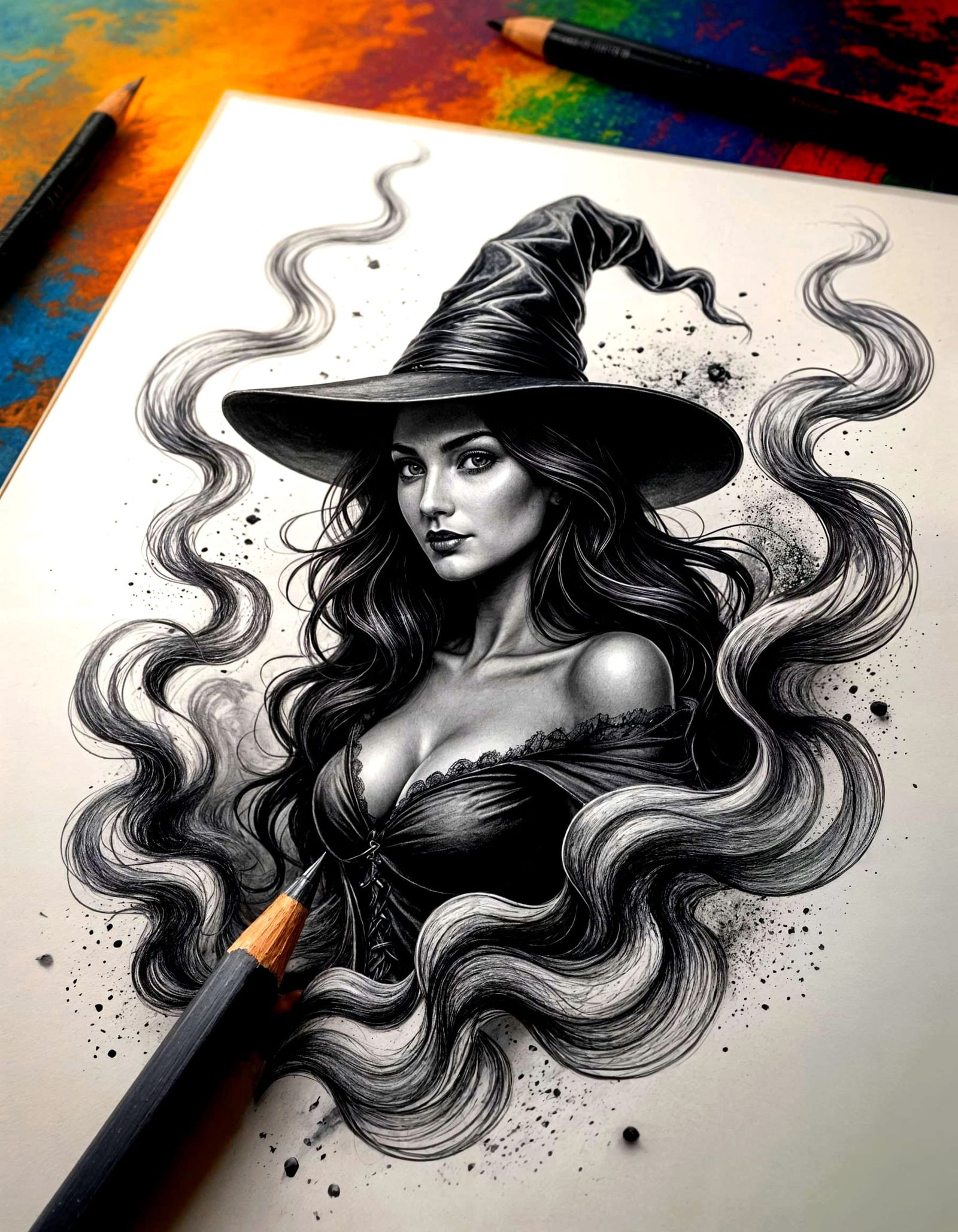 Charcoal Witch Emerges from Paper in Cinematic Macro Art