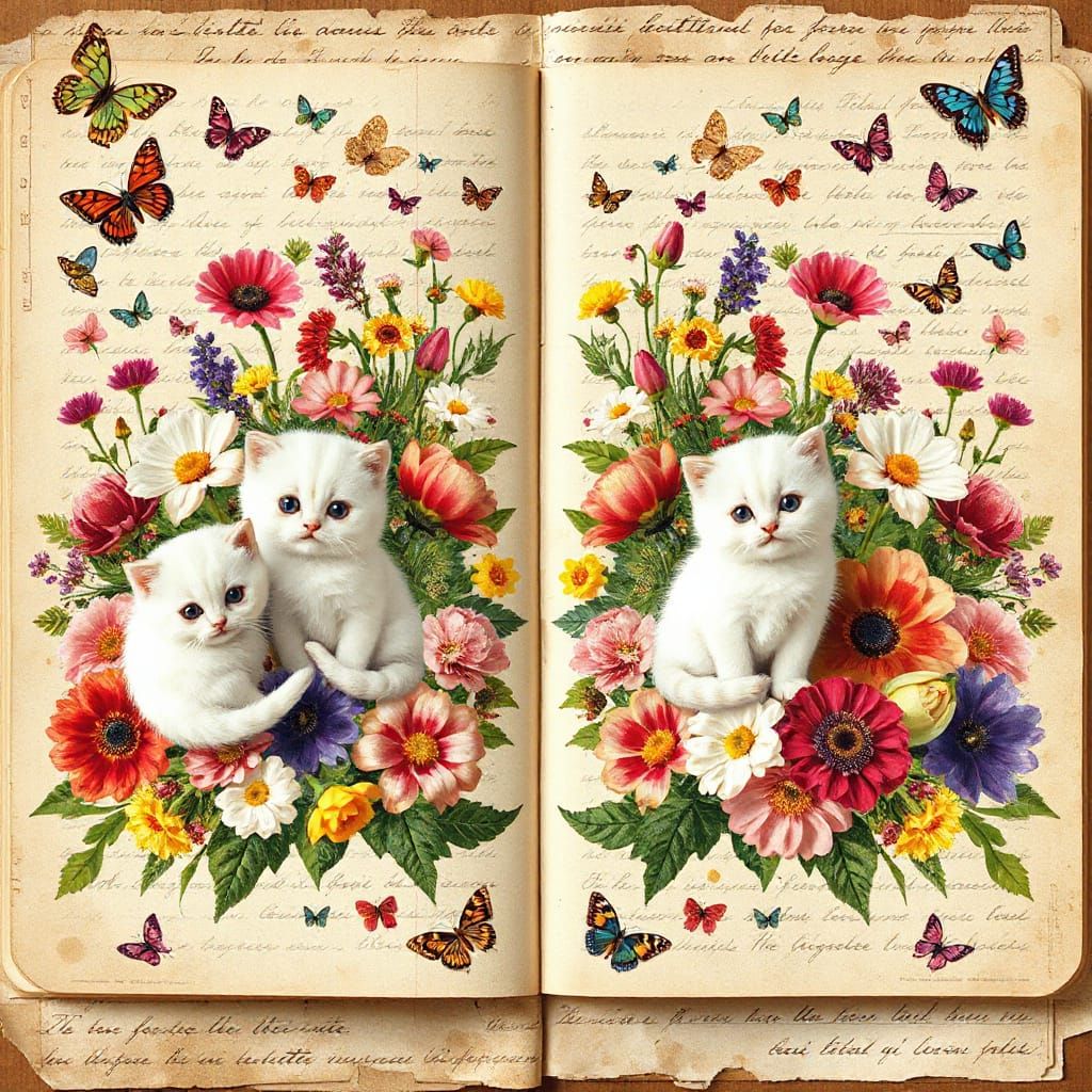 Vibrant Botanical Collage with White Kittens and Whimsical E...