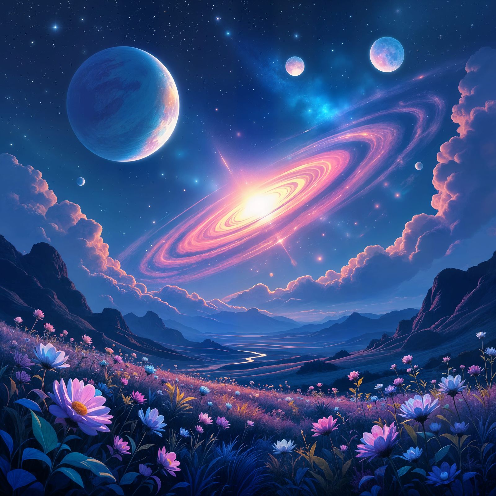 Iridescent Alien Planet with Glowing Moons