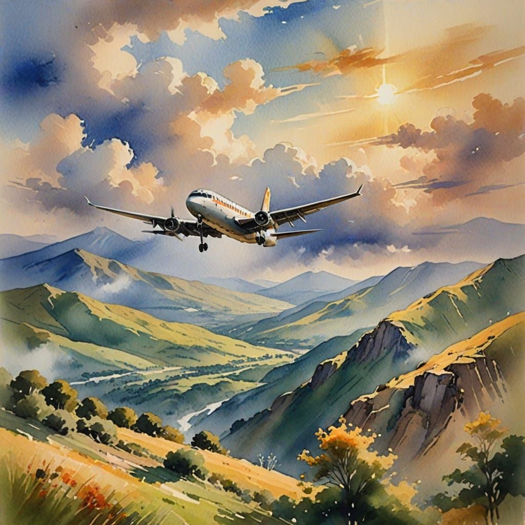Aeroplane Soaring Over Mountain in Watercolour Style
