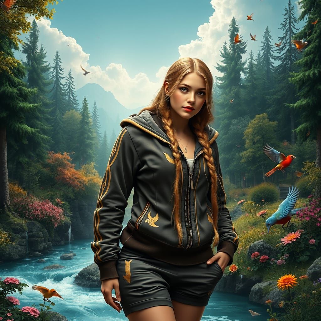 Golden Beauty in Enchanted Forest, Matte Painting Style
