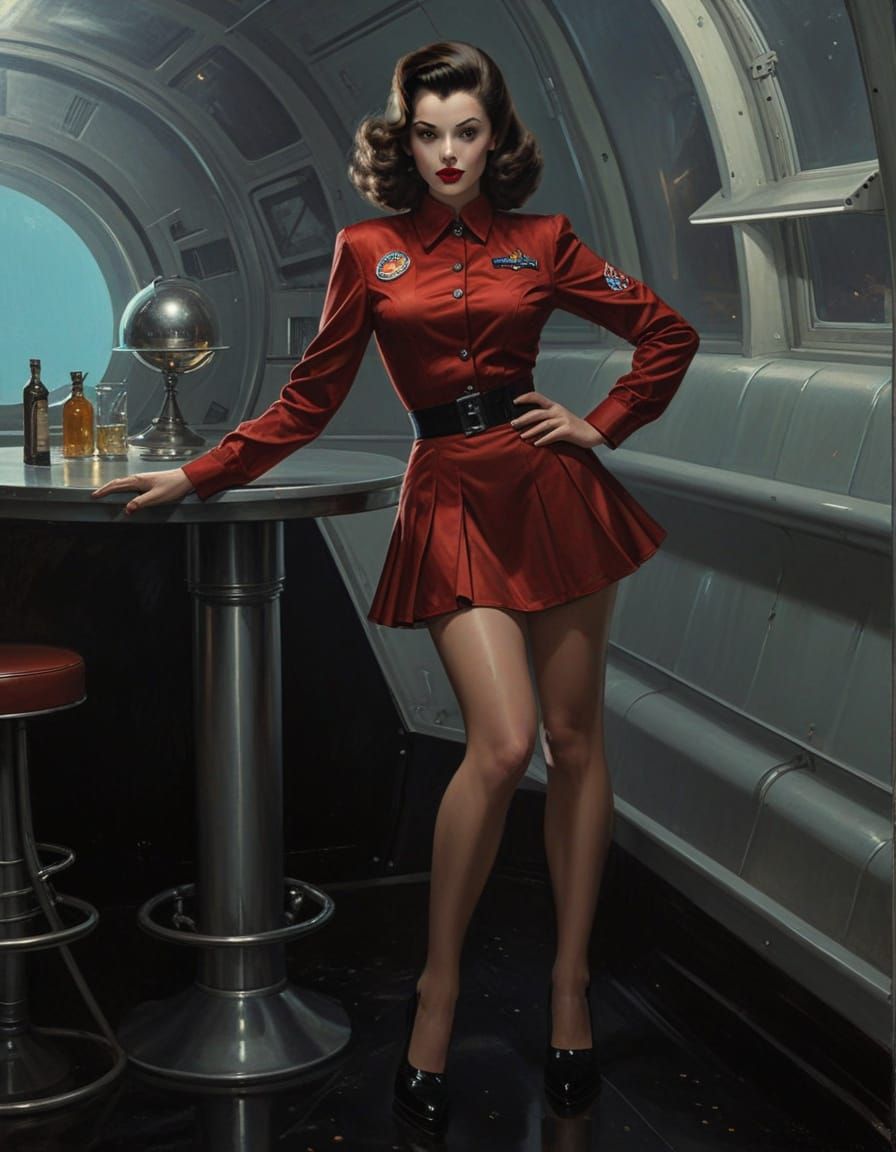 Vintage Space Pin-Up Girl in Glamorous Retro Sci-Fi Attire