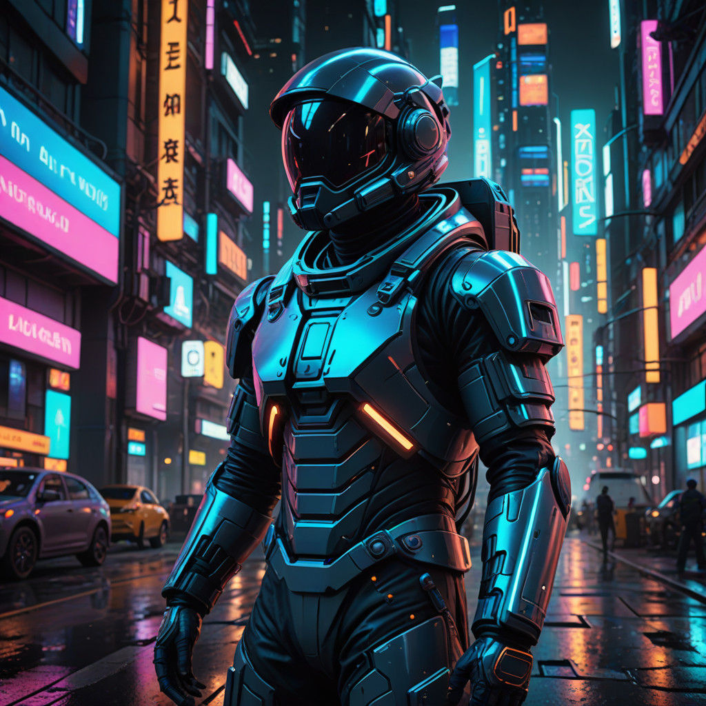 Astronaut in Neon-Lit Cityscape: Cyberpunk Sci-Fi Hero