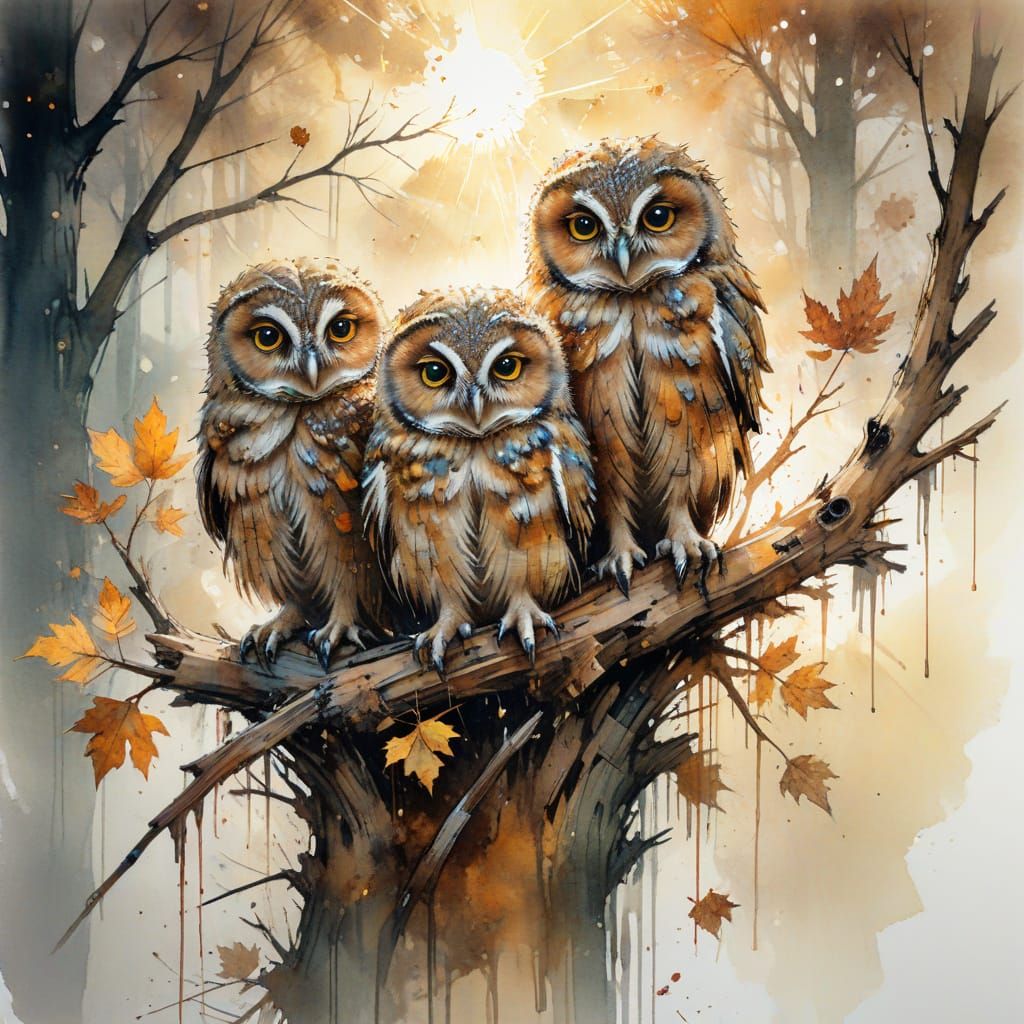 Owlets on a Branch in Autumn Sunlight
