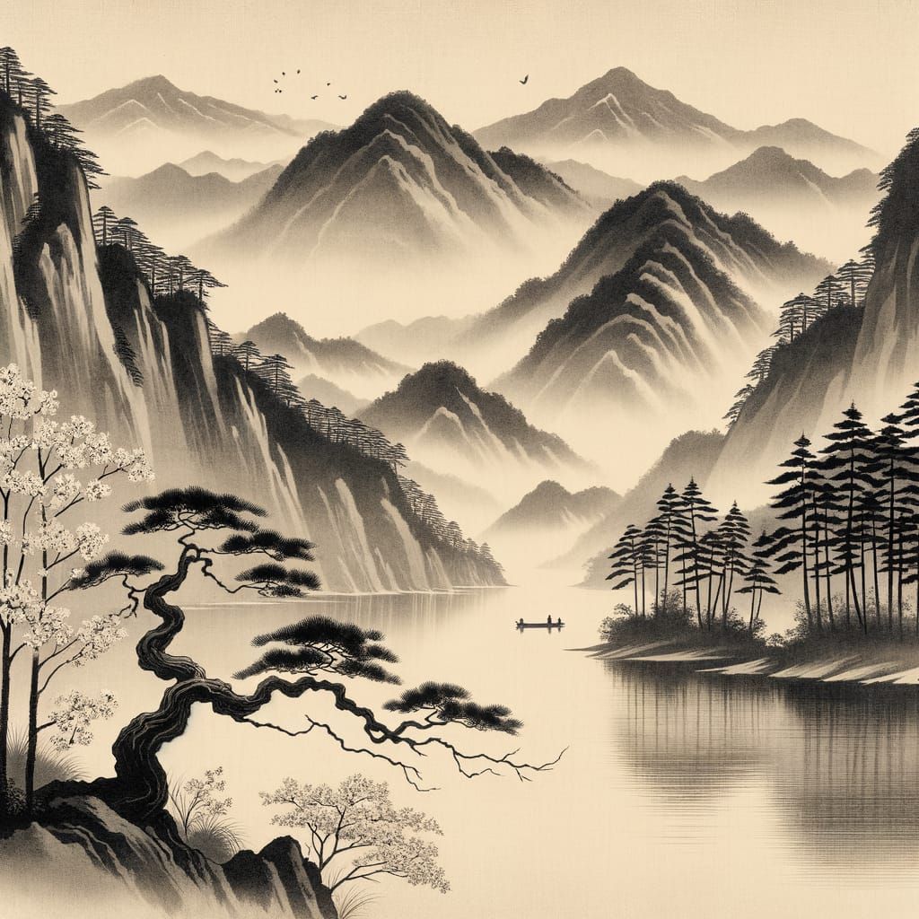 Misty Mountains & Gnarled Pines in Japanese Ink Wash Style