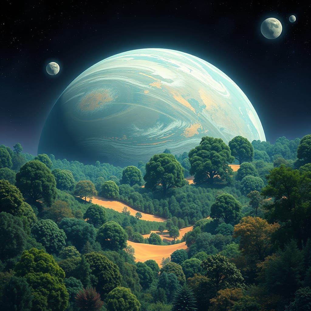 Lush Terrestrial Planet with Verdant Forests and Golden Dune...