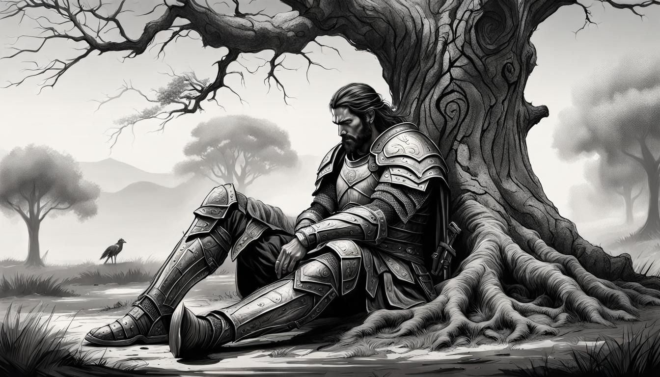 Monochrome Fantasy Art: Sad Warrior Resting