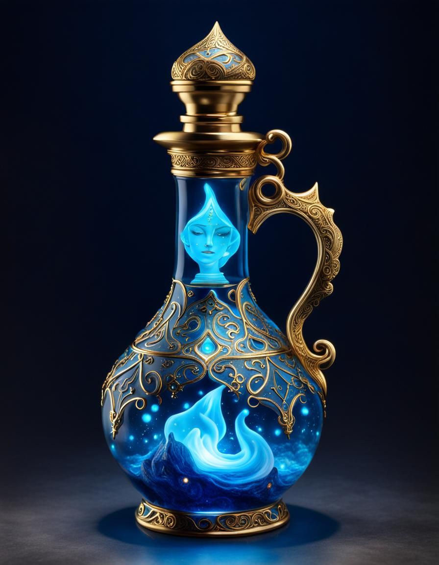 Genie in Bioluminescent Potion Bottle