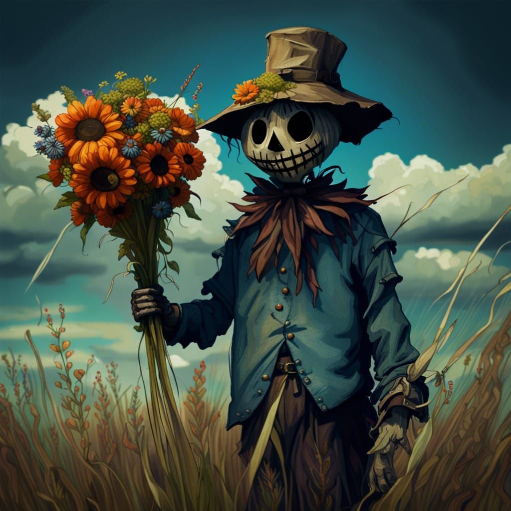 a scarecrow holding a bouquet of wildflowers