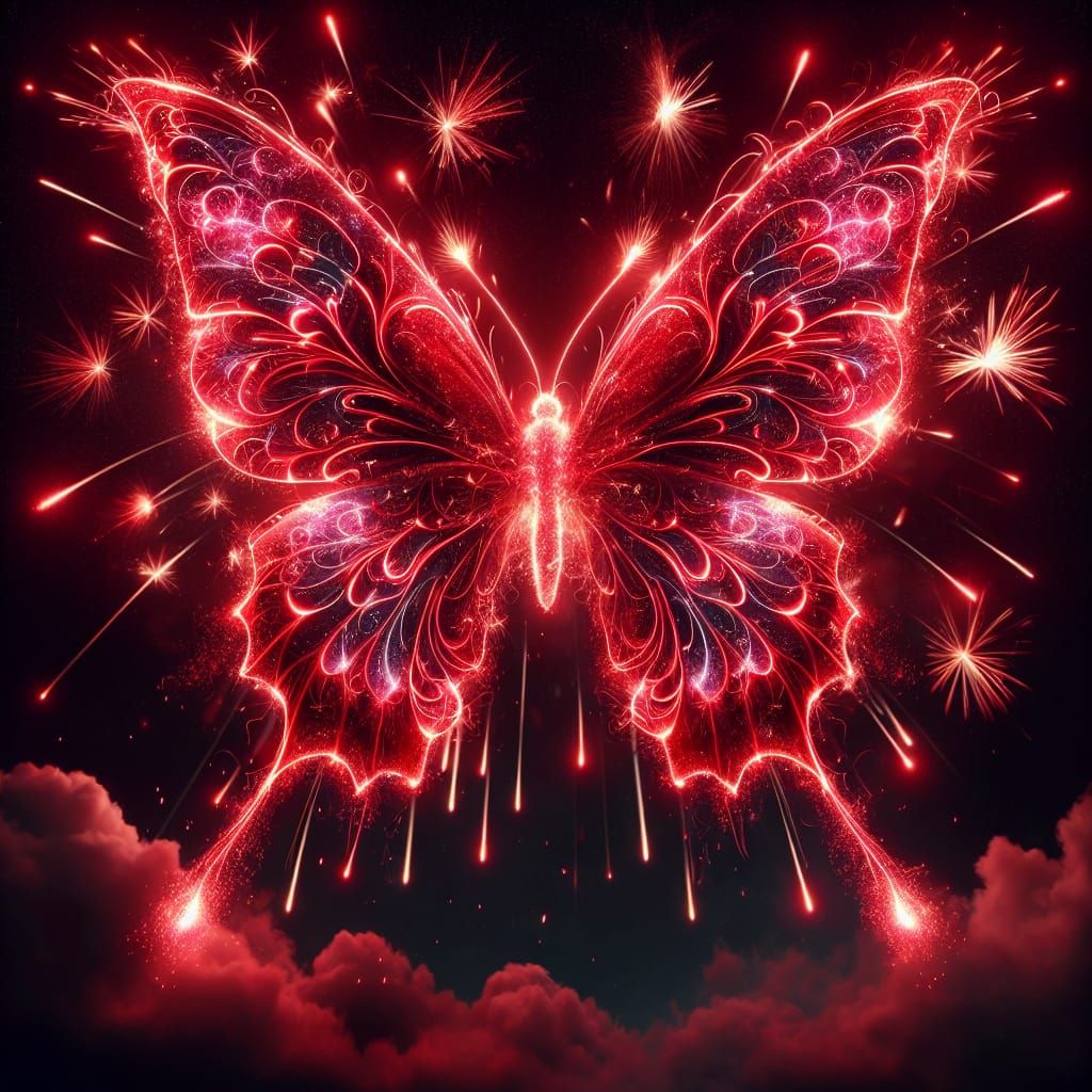 Brilliant Red Firework Butterfly in Night Sky