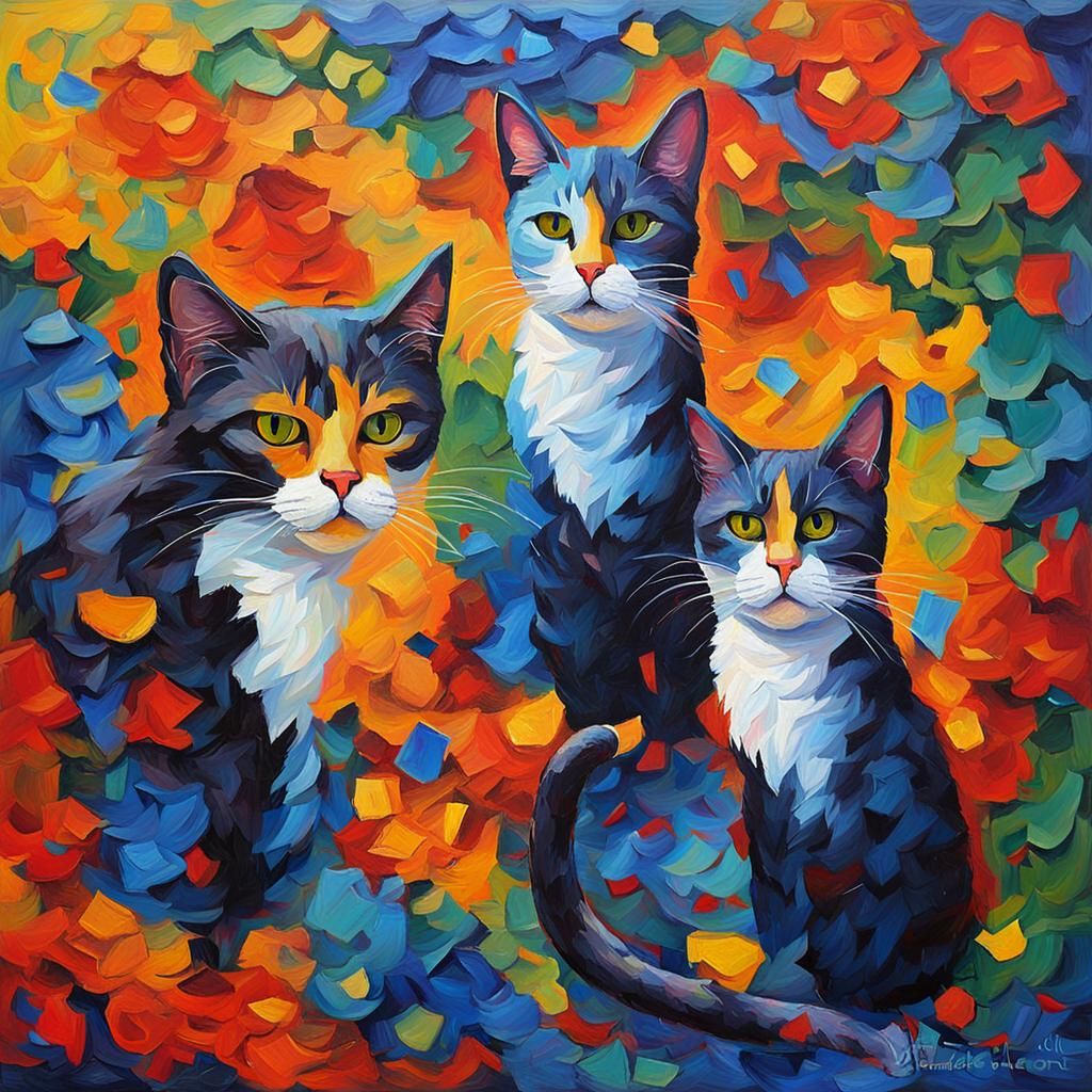 Cats Share Wisdom in Neo-Impressionist Oil Painting