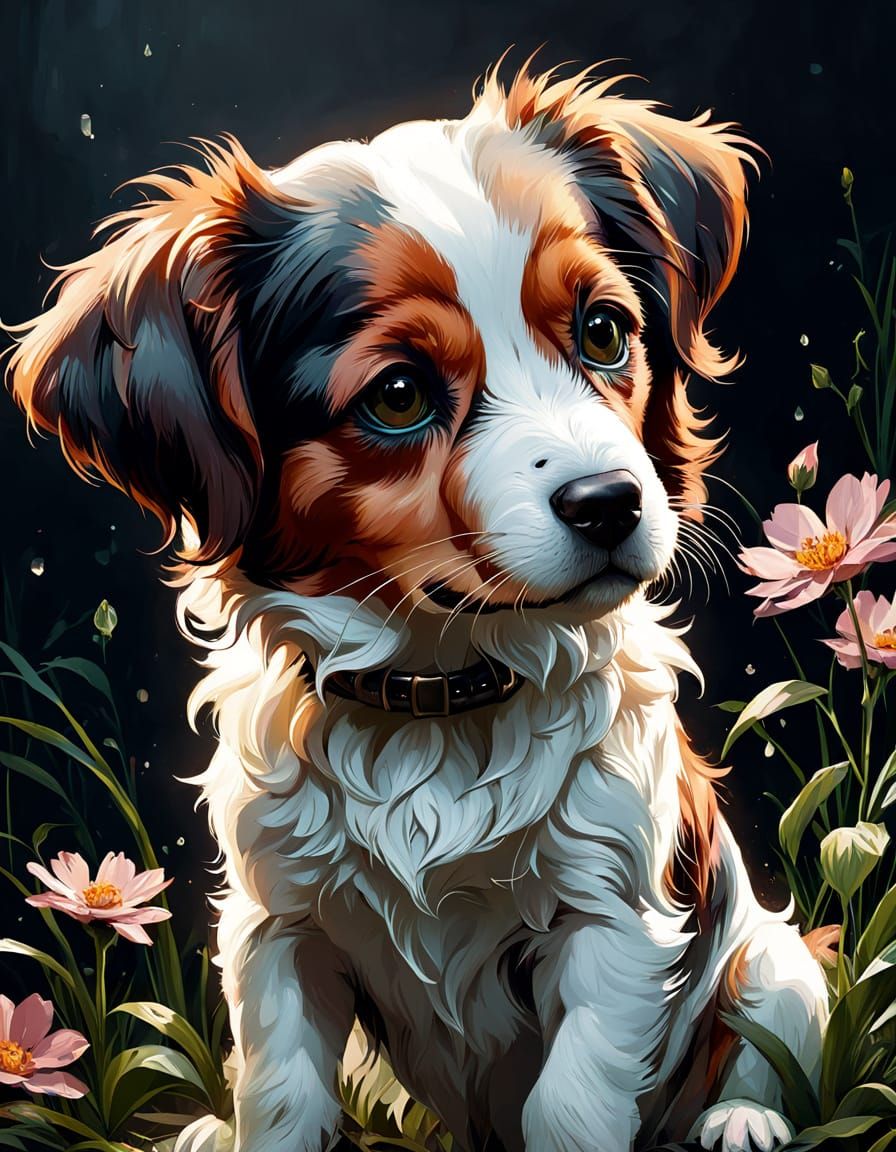 Adorable Kooikerhondje Puppy in Spring, Digital Painting