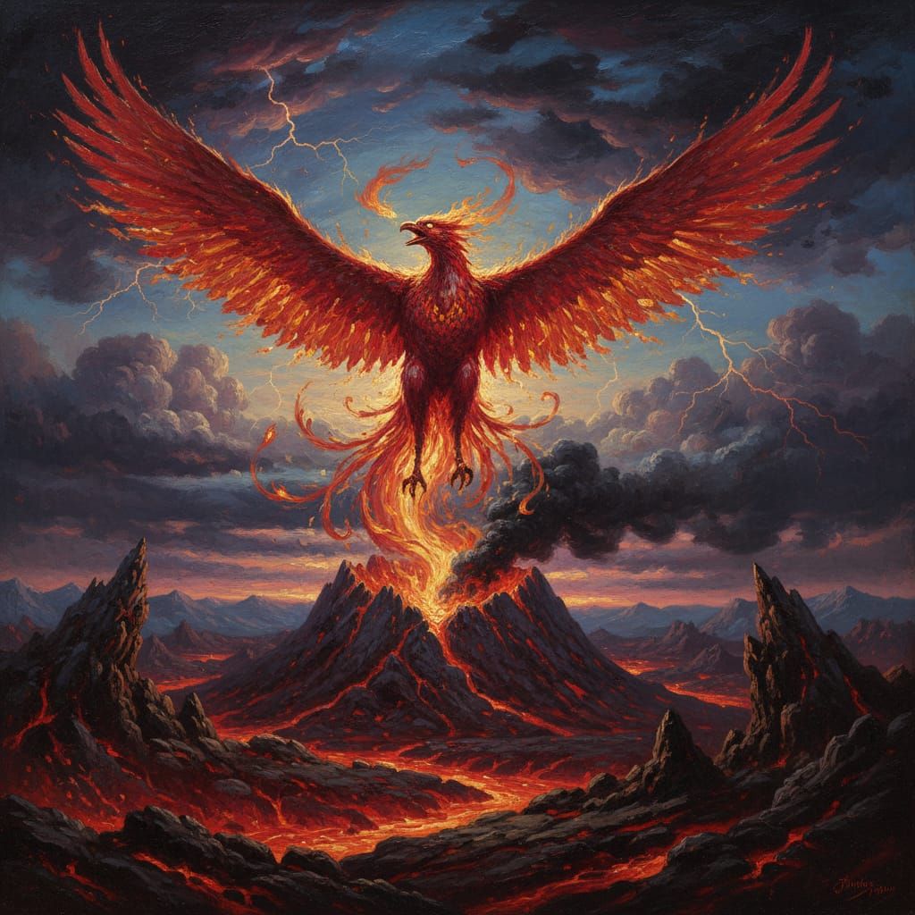 Phoenix of Embers Rises from Volcano in Dramatic Oil Paintin...