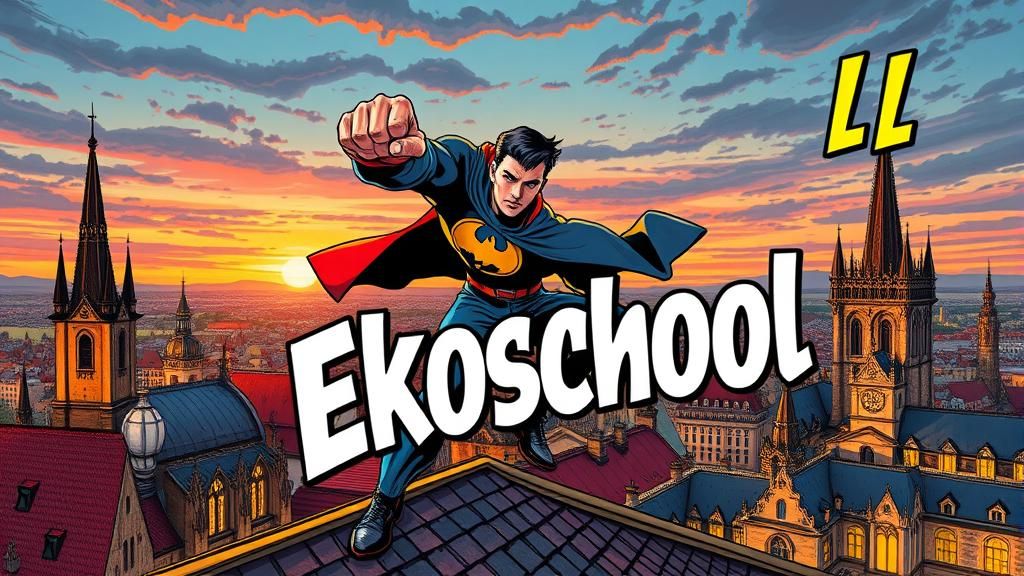 Superhero Poses over Prague in Comic Book Style