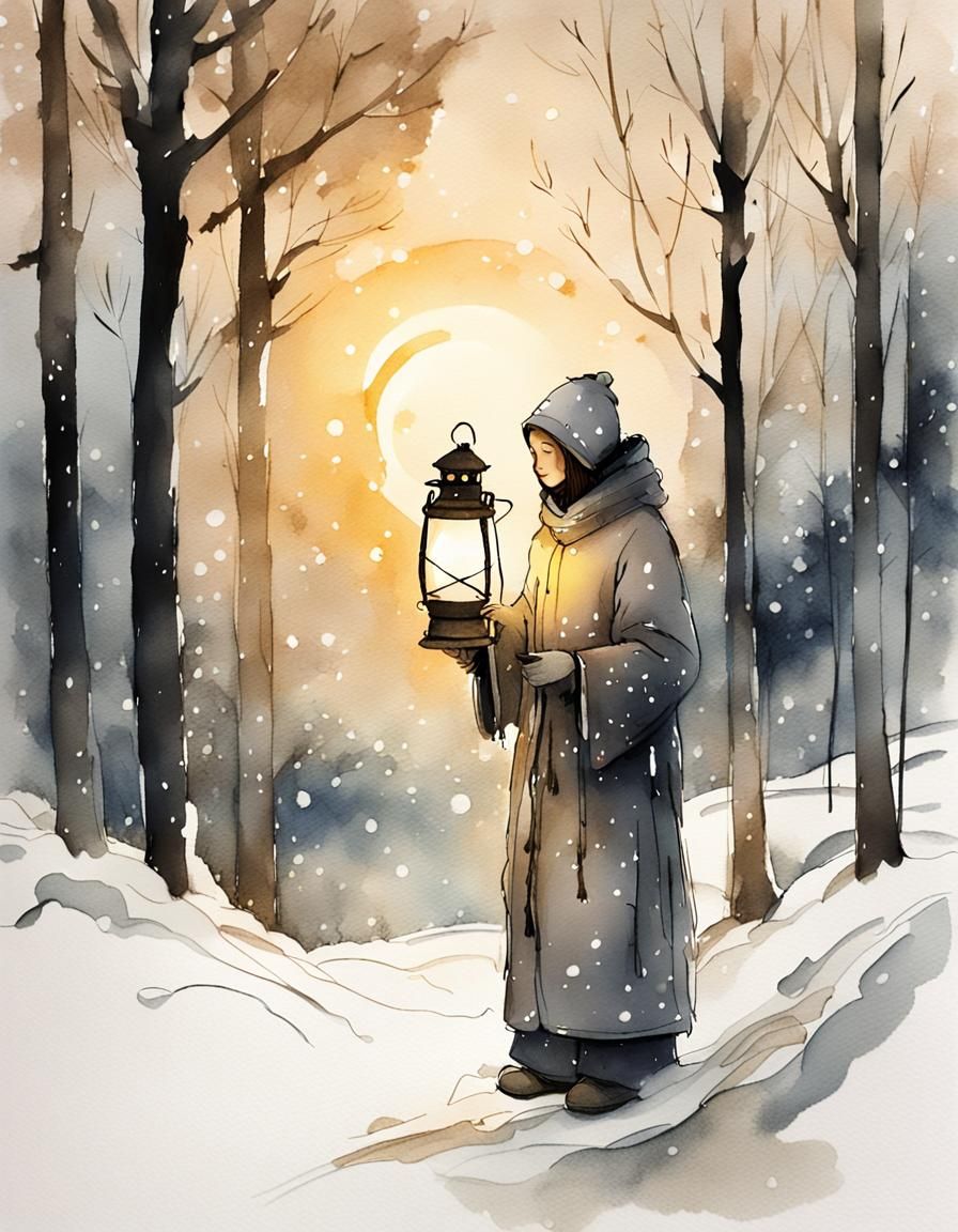 Moonlit Tarot Figure in Snowy Forest