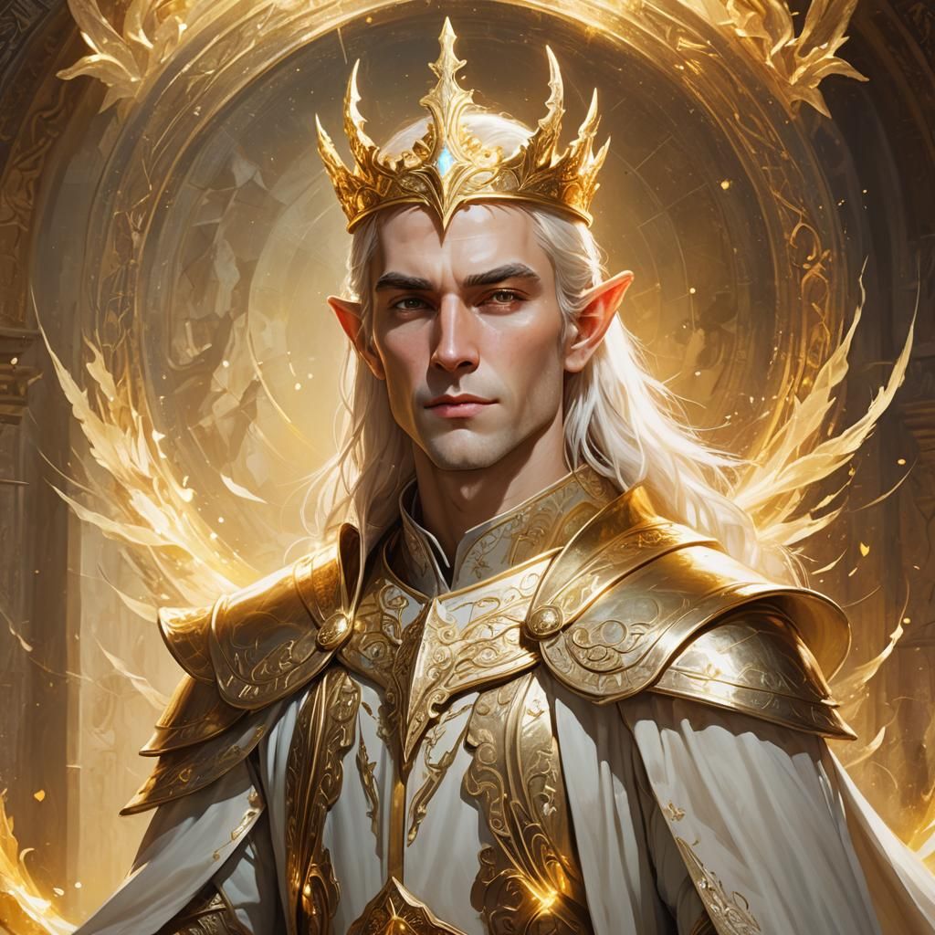 Digital fantasy concept art. Medium shot. Majestic light elf...