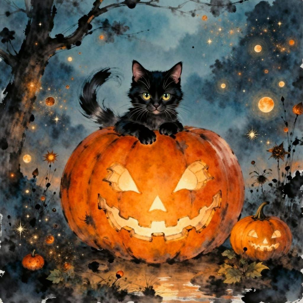 Whimsical Witch Cat in Enchanted Garden Halloween Scene