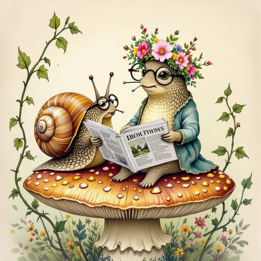 Snail Reading on Mushroom, Beatrix Potter Style