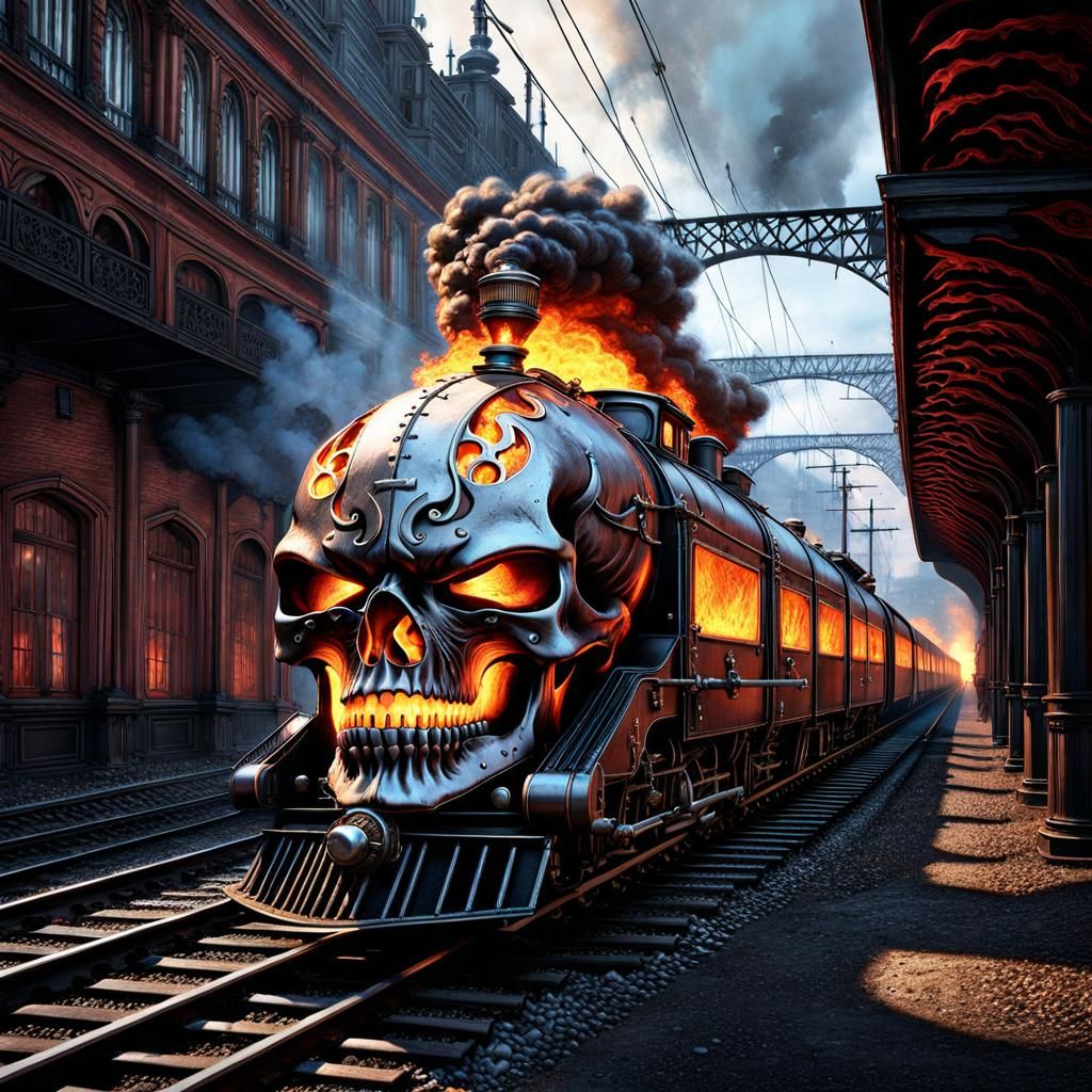 Flaming Skull Train Wreck in Steampunk Style
