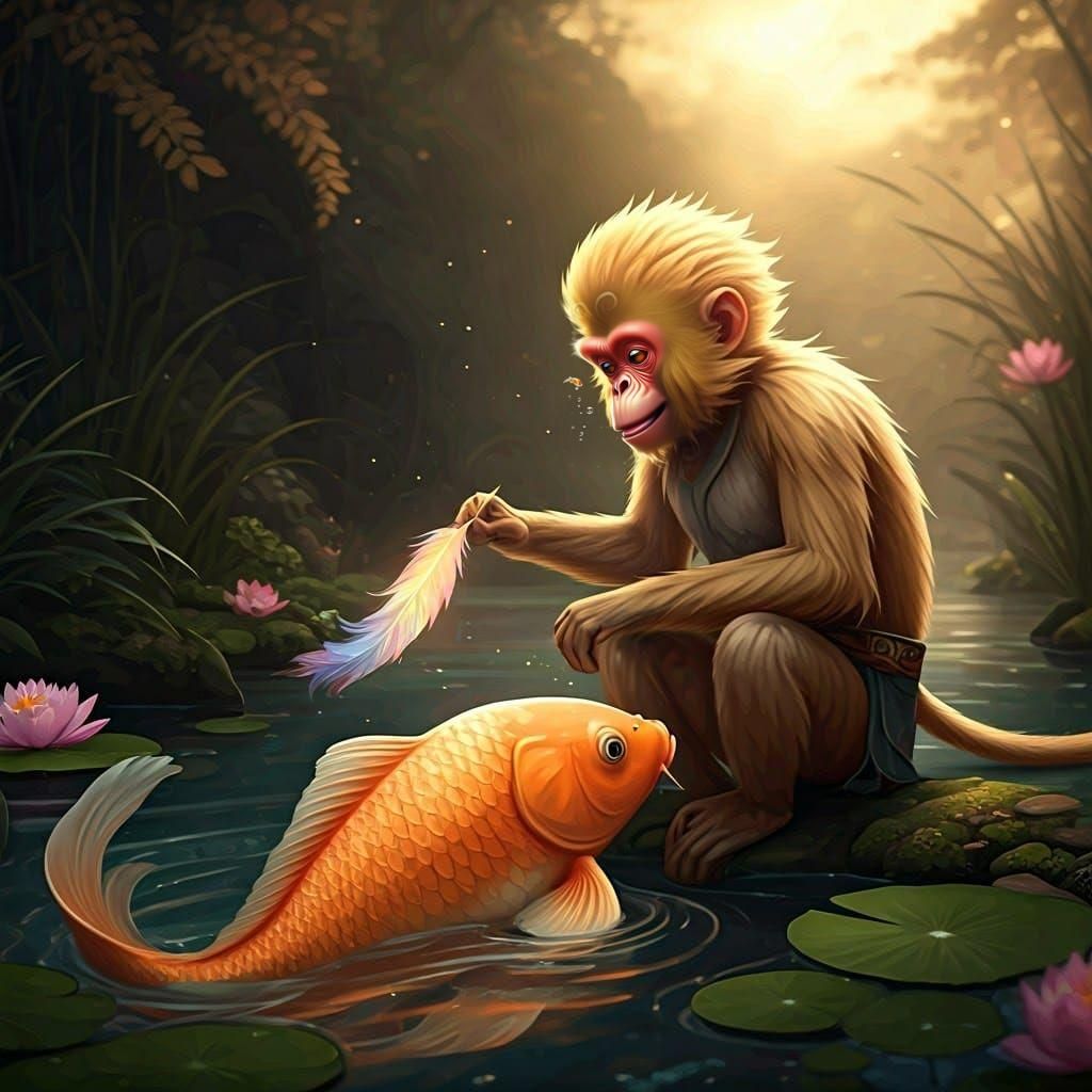 Golden Monkey Tickles Koi Carp in Chinese Ink Style