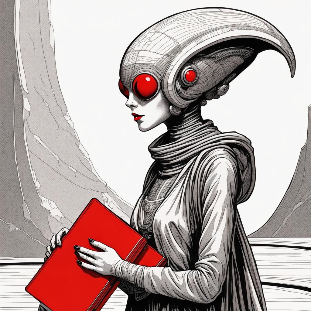 Sci-Fi Alien Girl with Red Book in Selective Color