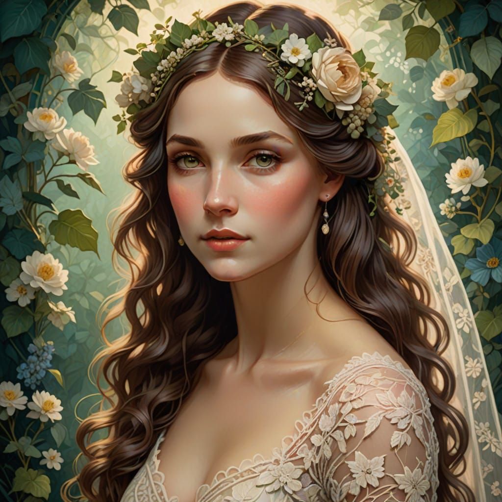 Ethereal Bride in Whimsical Art Nouveau Style