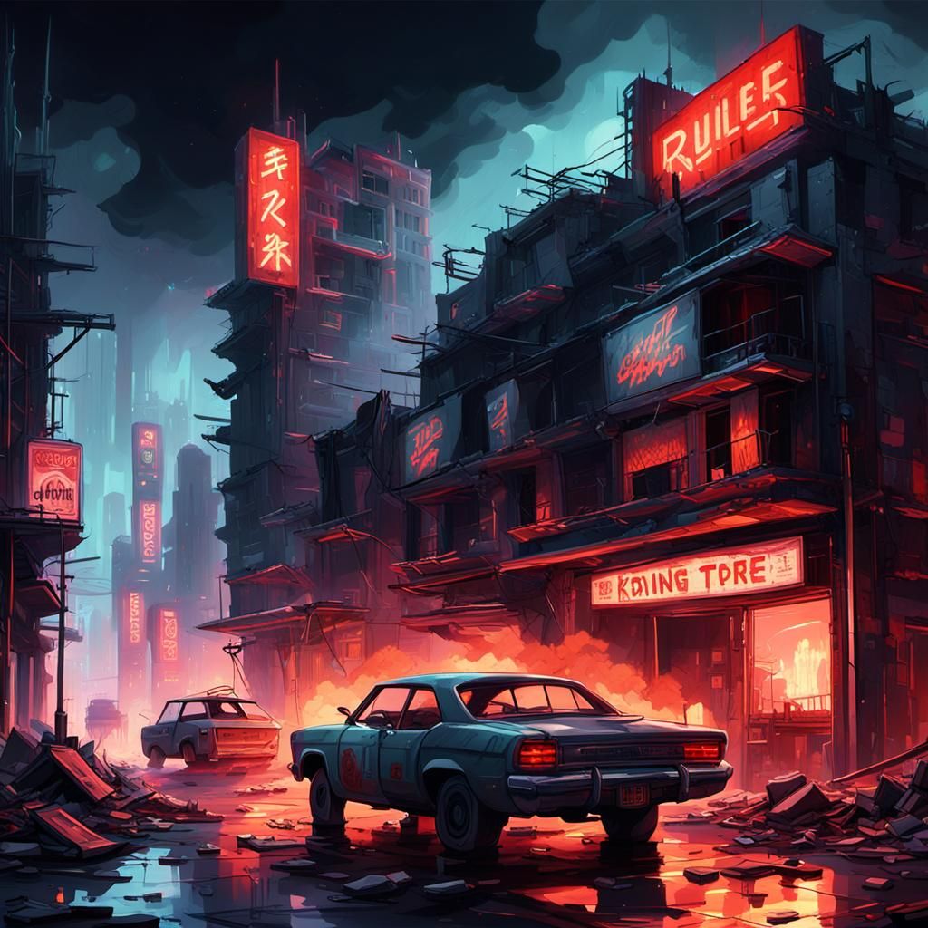 Futuristic Low-Rise Cityscape with Neon Signs in Oil Paintin...