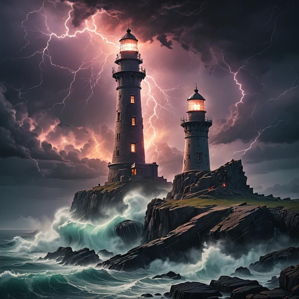 Ethereal Lighthouse on Dark Oceanscape in Fantasy Style
