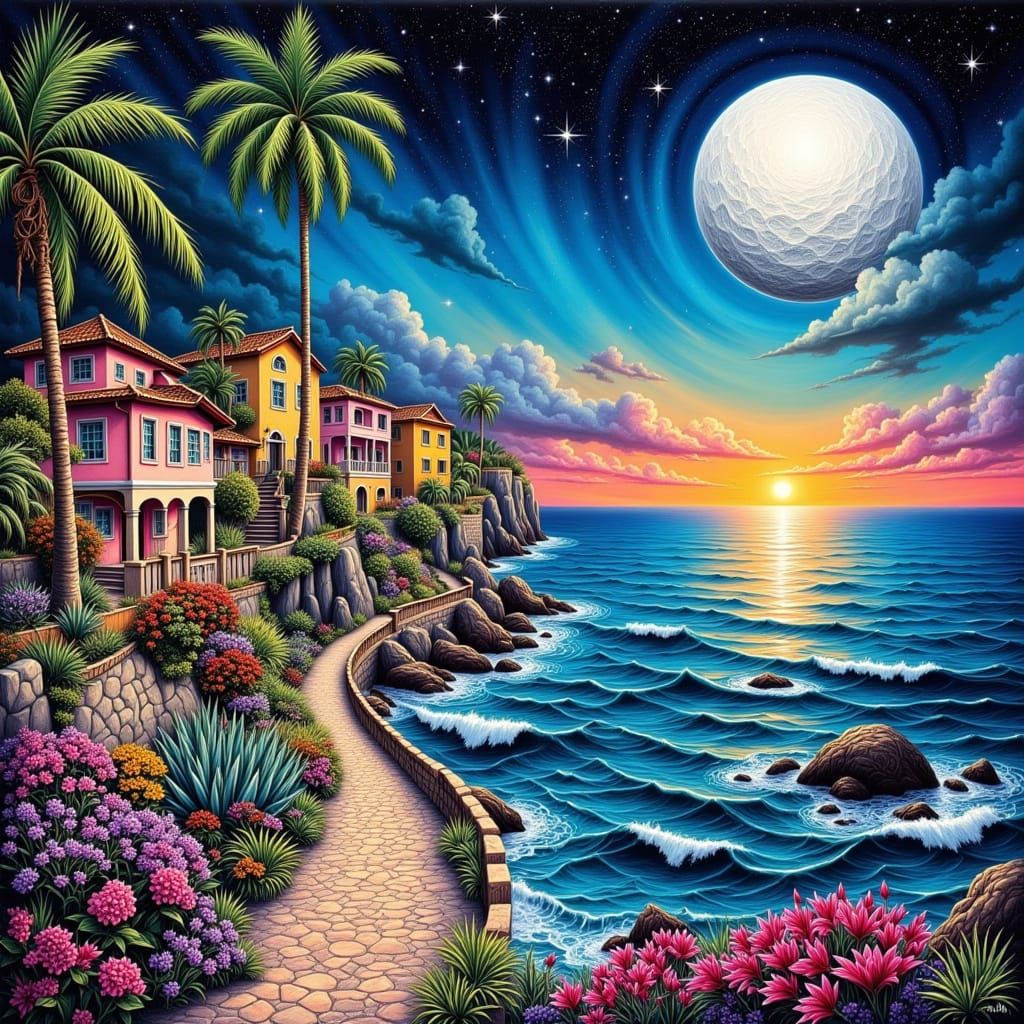 Futuristic Mediterranean Village Under Cosmic Moonlit Sky